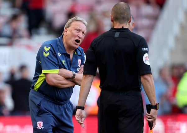 Middlesbrough manager Neil Warnock argues with the linesman during the Championship clash with Blackburn Rovers at the Riverside Stadium. Picture: Richard Sellers/PA