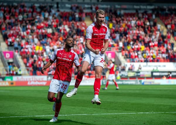 Michael Smith celebrates scoring Rotherham United's second goal againts Doncaster Rovers at the New York Stadium.  Picture: Bruce Rollinson