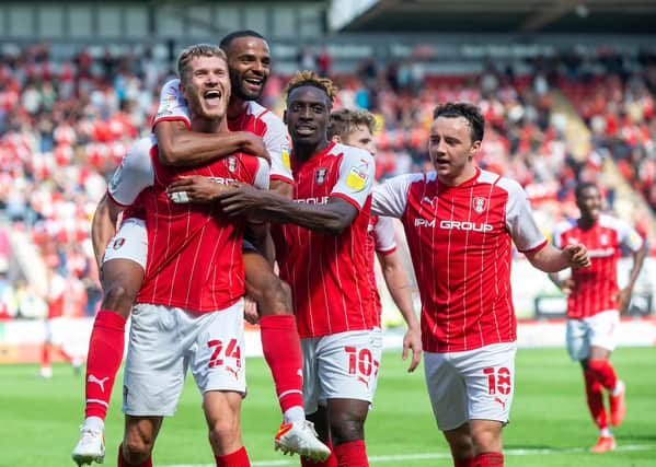 HIGHLY-REGARDED: Michael Smith celebrates scoring Rotherham United's second goal against Doncaster Rovers at the New York Stadium Picture Bruce Rollinson
