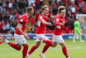 JOY: Callum Styles celebrates after his fine opener for Barnsley against Birmingham City. PICTURE: PA WIRE.