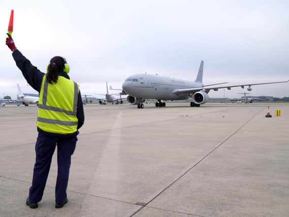 A RAF Voyager aircraft carrying members of the British armed forces 16 Air Assault Brigade arrives at RAF Brize Norton, Oxfordshire, as they return from helping in operations to evacuate people from Kabul airport in Afghanistan.