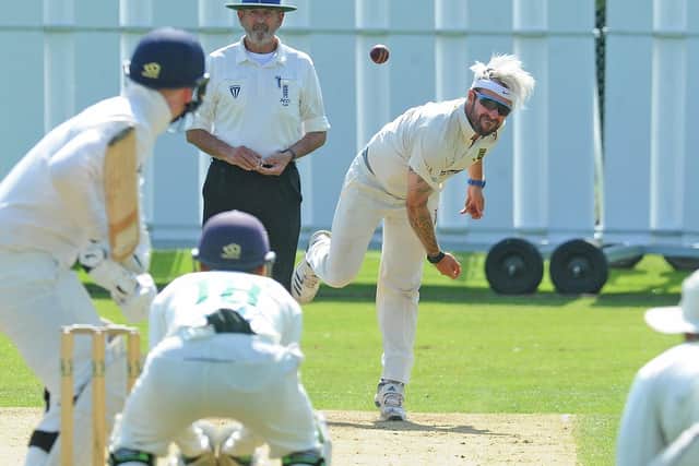 TOUGH DAY: New Farnley bowler Mark Lawson in action against Townville on Saturday. Picture: Steve Riding.