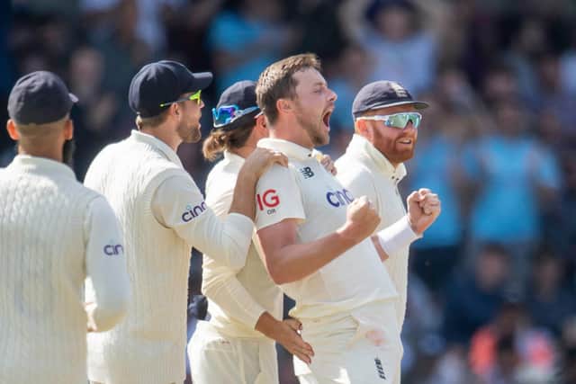 England's Ollie Robinson celebrates the wicket of India's Virat Kohli at Headingley on Saturday.