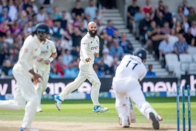 England's Moeen Ali celebrates bowling India's Mohammed Shami at Headingley on Saturday. Picture by Allan McKenzie/SWpix.com