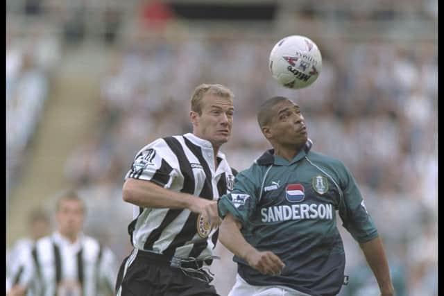 Alan Shearer of Newcastle United (left) shadows Des Walker of Sheffield Wednesday, who went on to win the game to maintain their 100 per cent start (Picture: Stu Forster/Allsport UK)