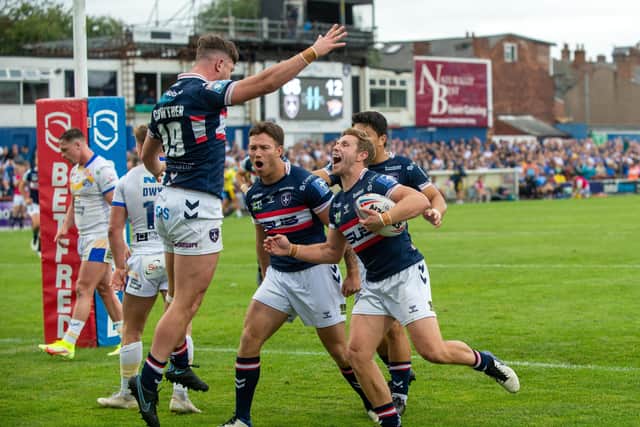 Jordan Crowther celebrates scoring Wakefield's second try.