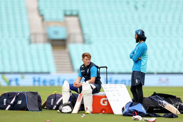 England's Ollie Pope and Haseeb Hameed during a nets session at the Kia Oval Picture: Steven Paston/PA