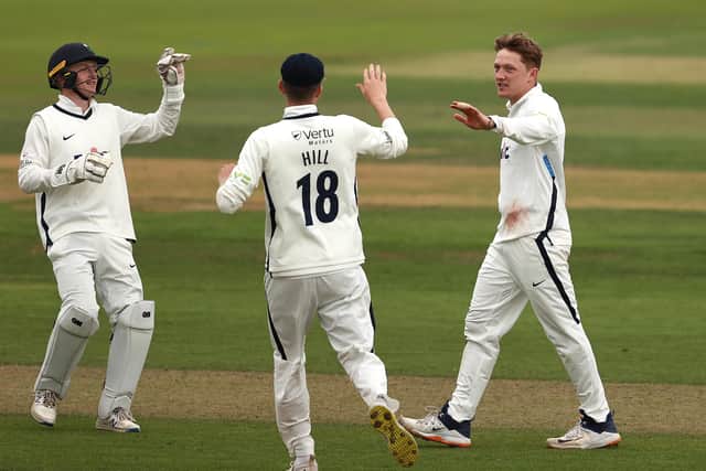 ON YOUR WAY: Yorkshire's Dom Bess celebrates after taking the wicket of Hampshire's Tom Alsop on day two at The Ageas Bowl Picture:  Ryan Pierse/Getty Images