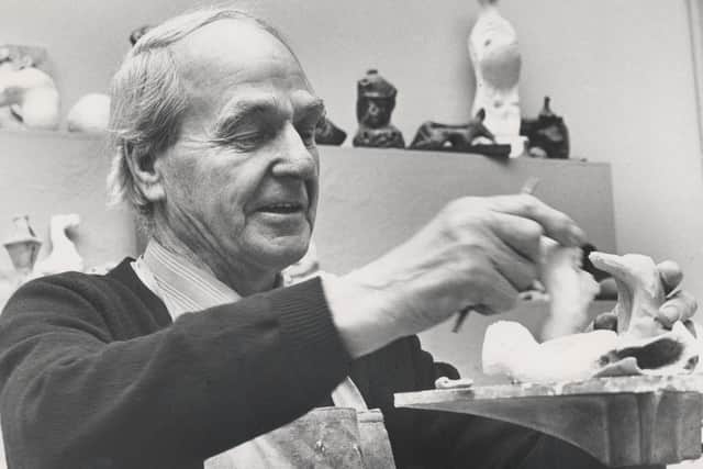 Date: 1976
Place: Perry Green, Hertfordshire
Description: HM in Bourne Maquette Studio working on plaster figure
Photographer: Bo Boustedt

3. Henry Moore working in his Bourne Maquette Studio at Perry Green, 1976.
Photo: Bo Boustedt
