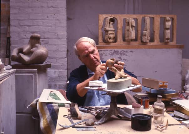 Moore carving a maquette, c.1965
Photo: Errol Jackson

1. Henry Moore works on a maquette and found object in his studio at Perry Green, c.1965. 
Photo: Errol Jackson