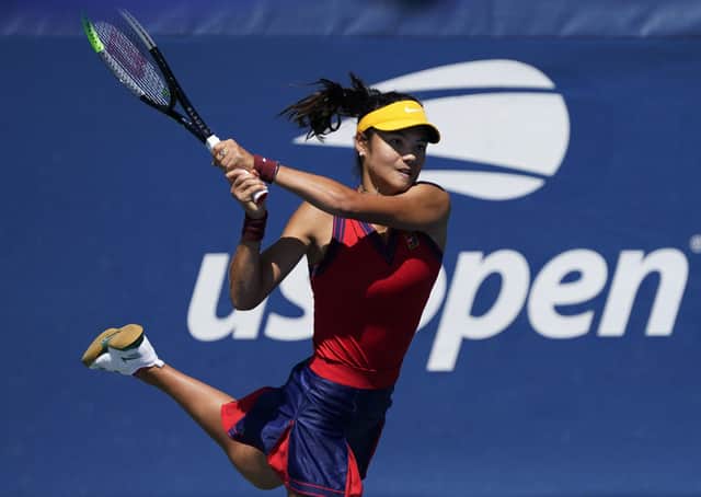 Emma Raducanu in action at the US Open., (AP Photo/Seth Wenig)