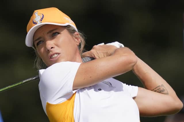 European Mel Reid drives during practice for the Solheim Cup. (AP Photo/Carlos Osorio)