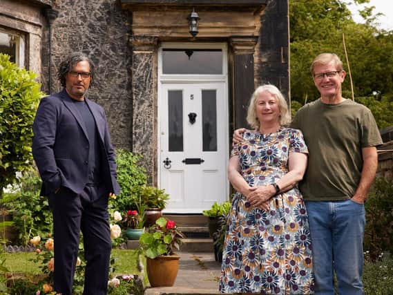 Pete and Jackie Slater outside 5 Grosvenor Mount with Dr David Olusoga