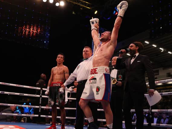 AND THE NEW: Maxi Hughes has his arm raised at Headingley. Picture: Mark Robinson/Matchroom Boxing