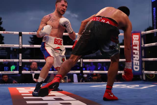 IN-RING ACTION: Between Maxi Hughes and Jovanni Straffon. Picture: Mark Robinson/Matchroom Boxing