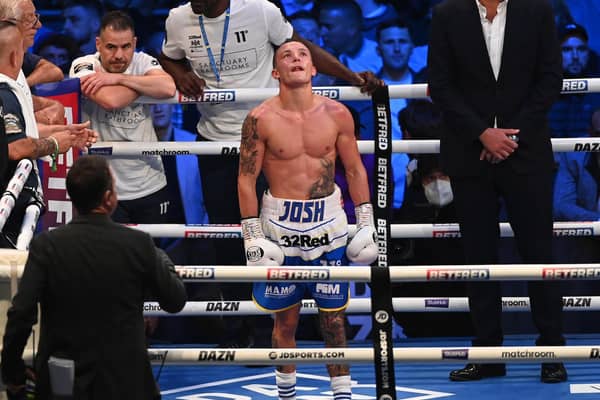 Josh Warrington reacts following the decision to halt the fight at Headingley with Mauricio Lara. Picture By Matthew Pover Matchroom Boxing