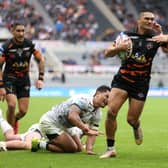 Castleford Tigers' Peter Mata'utia on his way to scoring a try against Salford at Magic Weekend (Picture: John Clifton/SWPix.com)