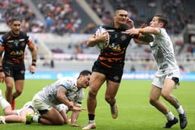 Castleford Tigers' Peter Mata'utia on his way to scoring a try against Salford at Magic Weekend (Picture: John Clifton/SWPix.com)