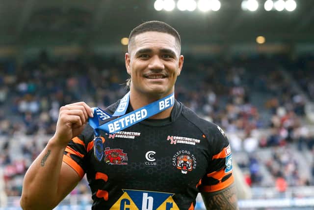 Castleford Tigers' Peter Mata'utia celebrates with the man of the match award (Picture: Ed Sykes/SWPix.com)