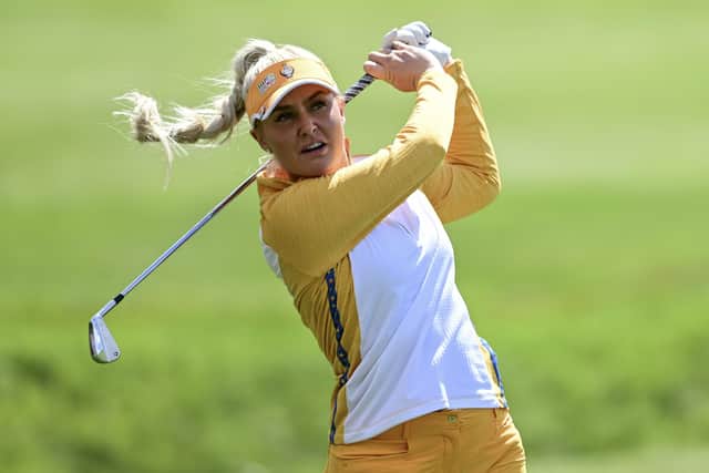Europe's Charley Hull hits from the rough on the eighth hole. (AP Photo/David Dermer)