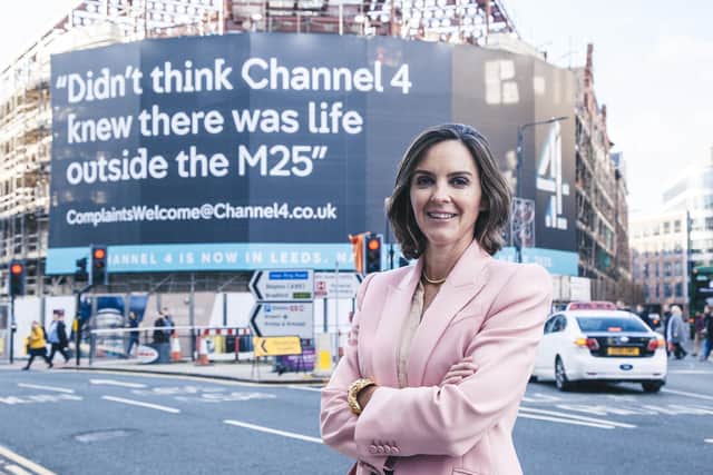 Alex Mahon pictured in 2019 outside Channel 4's new office in Leeds.