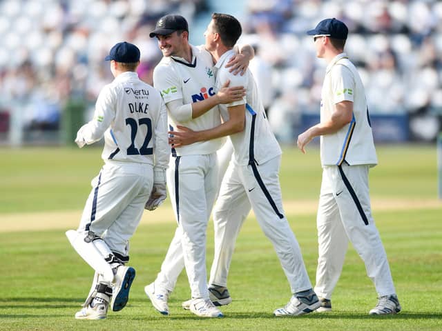 Yorkshire's Matt Fisher celebrates the wicket of Somerset's Azhar Ali with team-mate Jordan Thompson Picture by Will Palmer/SWpix.com
