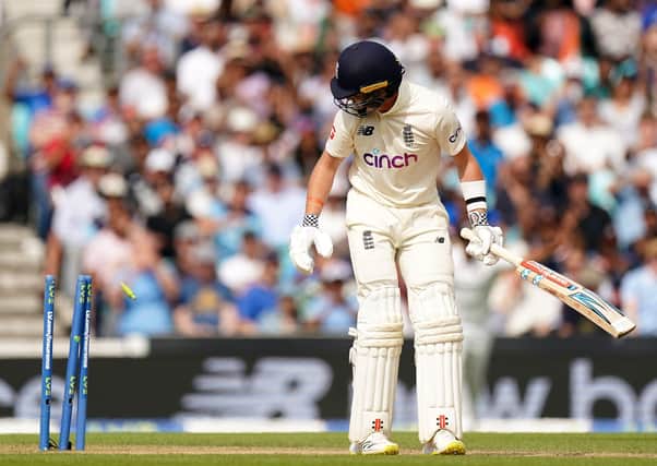 Bad day: England's Ollie Pope reacts after being bowled out for two by India's Jasprit Bumrah. Picture: Adam Davy/PA Wire.