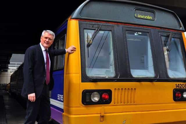 Former Rail Minister Andrew Jones with a pacer train - the Harrogate MP launched a competition to find new uses for the rail relics.
