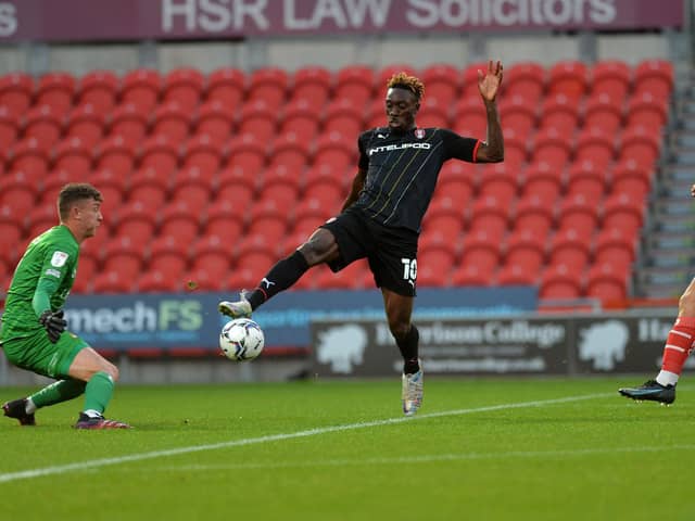 Freddie Ladapo finds the net for Rotherham United in their 6-0 routing of Doncaster Rovers. Picture: Jonathan Gawthorpe.