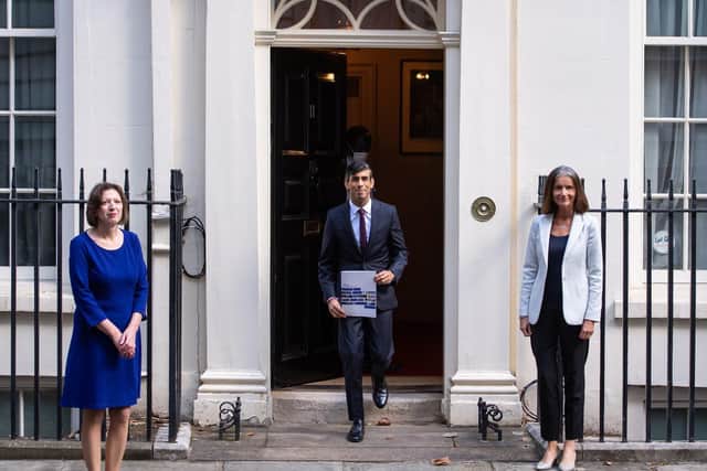 Chancellor of the Exchequer Rishi Sunak with Dame Carolyn Julie Fairbairn, Director General of the CBI, and Frances O'Grady, General Secretary of the TUC, outside No 11 Downing Street before heading for the House of Commons to give MPs details of his Winter Economy Plan in September 2020. Picture: PA Wire