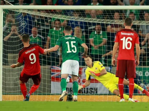 PENALTY SAVE: From Northern Ireland's Bailey Peacock-Farrell. Picture: PA Wire.