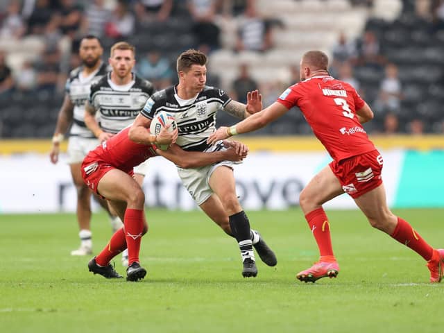 Hull FC's Jamie Shaul in action with Hull Kingston Rovers' Greg Minikin on his comeback game last month (Picture: John Clifton/SWPix.com)