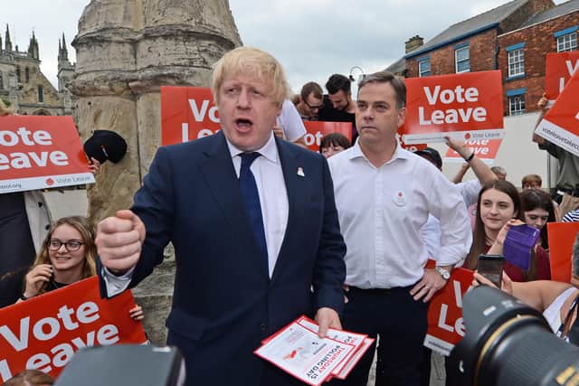This was Boris Johnson campaigning with Selby MP Nigel Adams on the final day of the 2016 EU referendum.