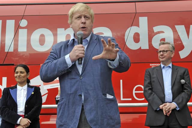 This was Boris Johnson campaigning during the 2016 EU referendum with Michael Gove and Priti Patel.