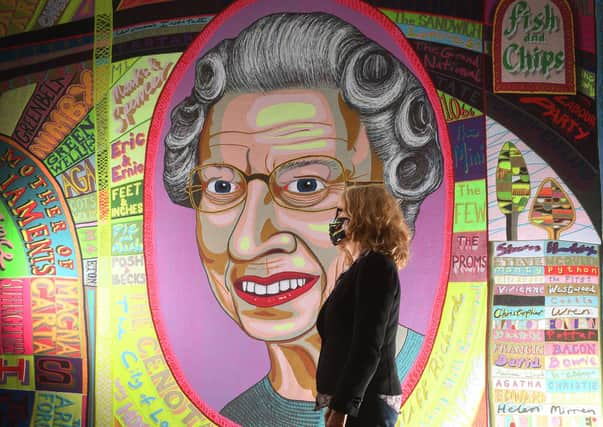 Graves Museum, Sheffield. Head of exhibitions Alison Morton is pictured with the work by Grayson Perry called Comfort Blanket. Picture: Simon Hulme.