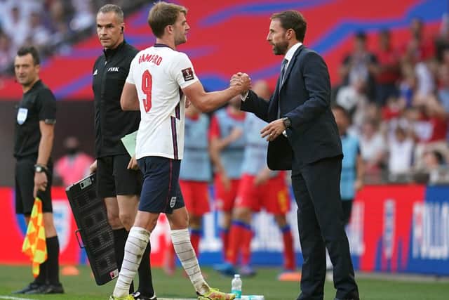 Substituted: England's Patrick Bamford shakes hands with manager Gareth Southgate after being substituted against Andorra (Picture: PA)