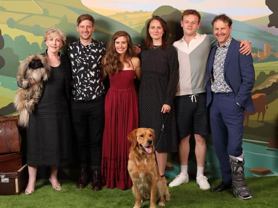 Sam West, far right, joined fellow stars Patricia Hodge, Tricki Woo, Nicholas Ralph, Rachel Shenton, Callum Woodhouse and Ernie the dog at the London screening.