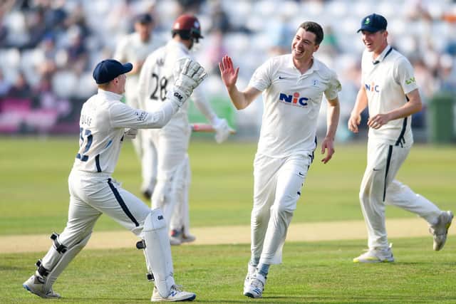 SAME AGAIN PLEASE: Yorkshire's Matt Fisher celebrates bowling out Somerset's Tom Abell at Scarborough, where he returned career-best figures. Picture by Will Palmer/SWpix.com
