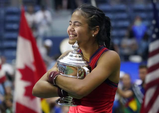 Emma Raducanu hugs the trophy after defeating Leylah Fernandez during the women's singles final of the US Open in New York Picture: AP/Elise Amendola