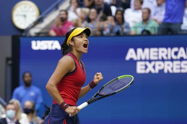 Emma Raducanu reacts after scoring a point against Leylah Fernandez in the women's singles final at the US Open in New York Picture: AP/Seth Wenig