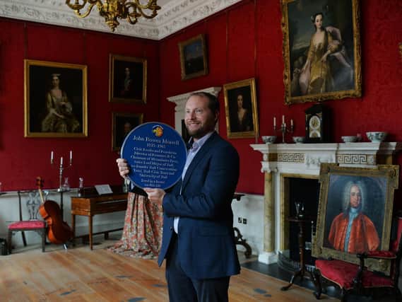 York Civic Trust blue plaque unveiling at Fairfax House, to JB Morrell, a visionary and major influencer on the cultural landscape of York in the 20th century. Great grandson James Morrell with the plaque in the Saloon of Fairfax house.. Picture : Jonathan Gawthorpe