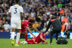 INJURY: Liverpool's Harvey Elliott goes down in pain before being stretchered off