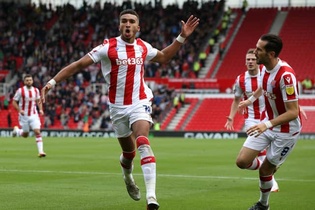 Stoke City's Jacob Brown celebrates scoring his side's first goal against Huddersfield Town at the Bet365 Stadium  Picture: Barrington Coombs/PA