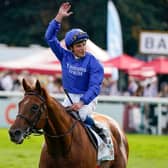 William Buick celebrates aboard Hurricane Lane following their St Leger triumph. Picture: Getty Images