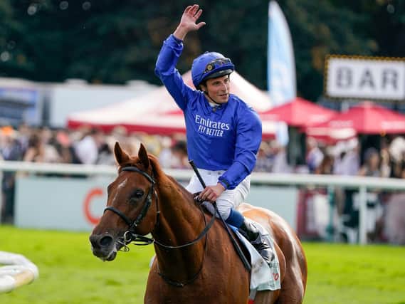 William Buick celebrates aboard Hurricane Lane following their St Leger triumph. Picture: Getty Images