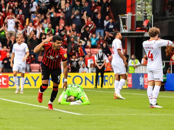 Barnsley players can't hide their disappointment after goalkeeper Brad Collins' error gifted Dominic Solanke a chance which he converted to put Bournemouth 2-0 up. Picture: PA