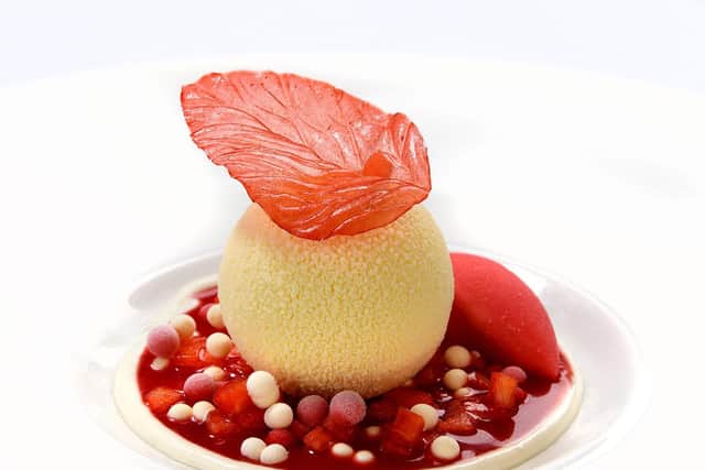 The stunning gourmet menu has five courses including the dessert of English strawberries, Yuzu and Almond