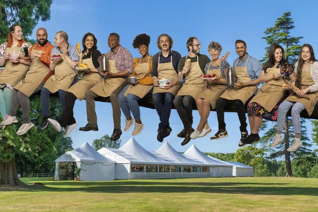 (L-R) Elizabeth, George, Juergen, Crystelle, Jairzeno, Rochica, Giuseppe, Tom, Maggie, Chirag, Amanda and Freya from The Great British Bake Off 2021 Picture: C4/Love Productions of