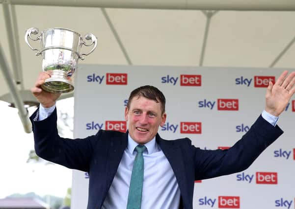 This was former trainer Johnny Murtagh celebrating the Sky Bey Ebor win of Sonnyboyliston last month.