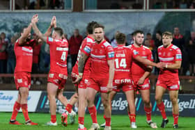 TOUCHING DITANCE: Hull KR's players celebrate victory over Castleford Tigers last week. v